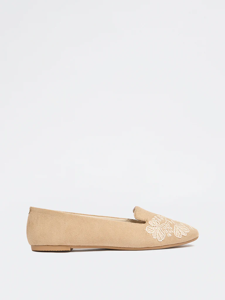 LUNA BLU Beige Suede Floral Embroidered Loafers - Image 2