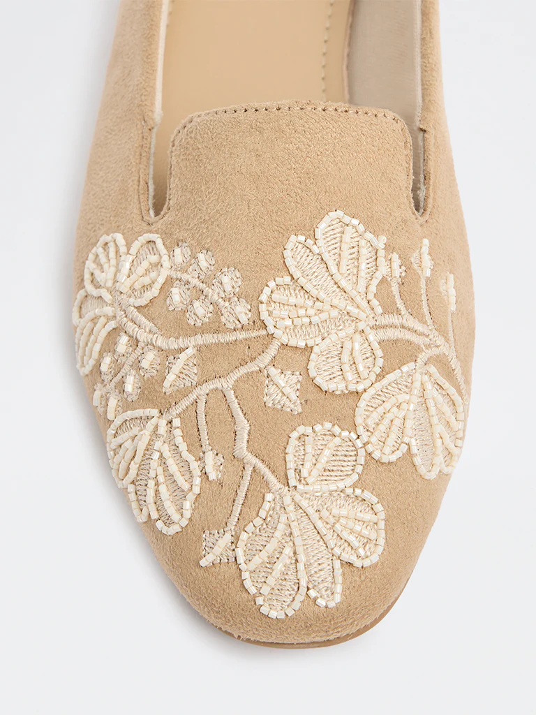 LUNA BLU Beige Suede Floral Embroidered Loafers - Image 4
