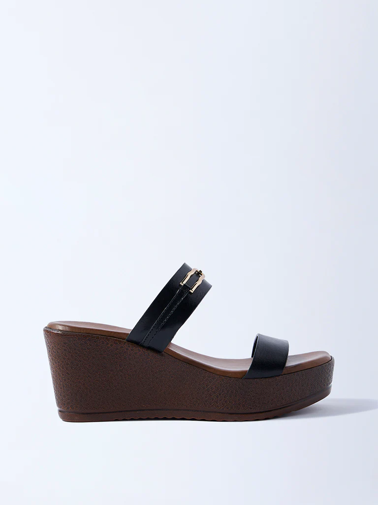 LUNA BLU Black Dual-Strap Wedge-Heel Sandals