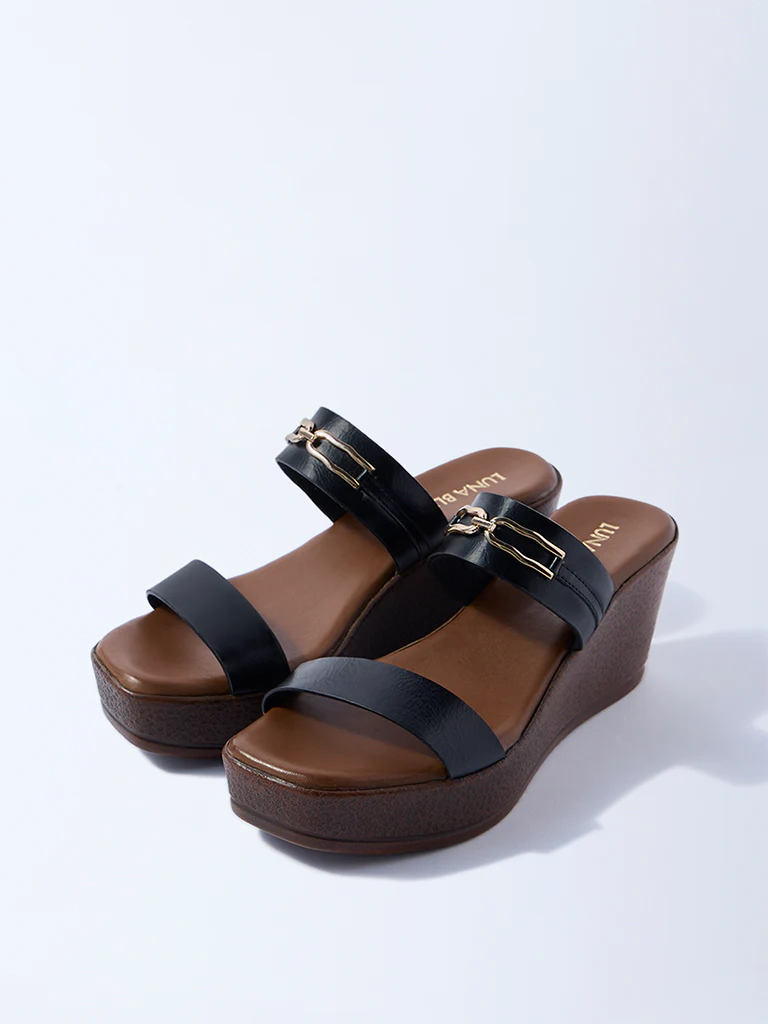 LUNA BLU Black Dual-Strap Wedge-Heel Sandals - Image 2