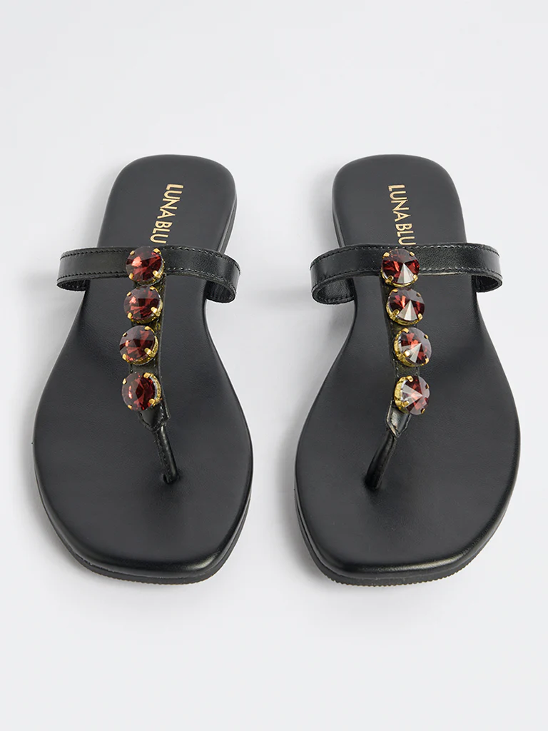 LUNA BLU Black Embellished Thong-Strap Sandals - Image 2