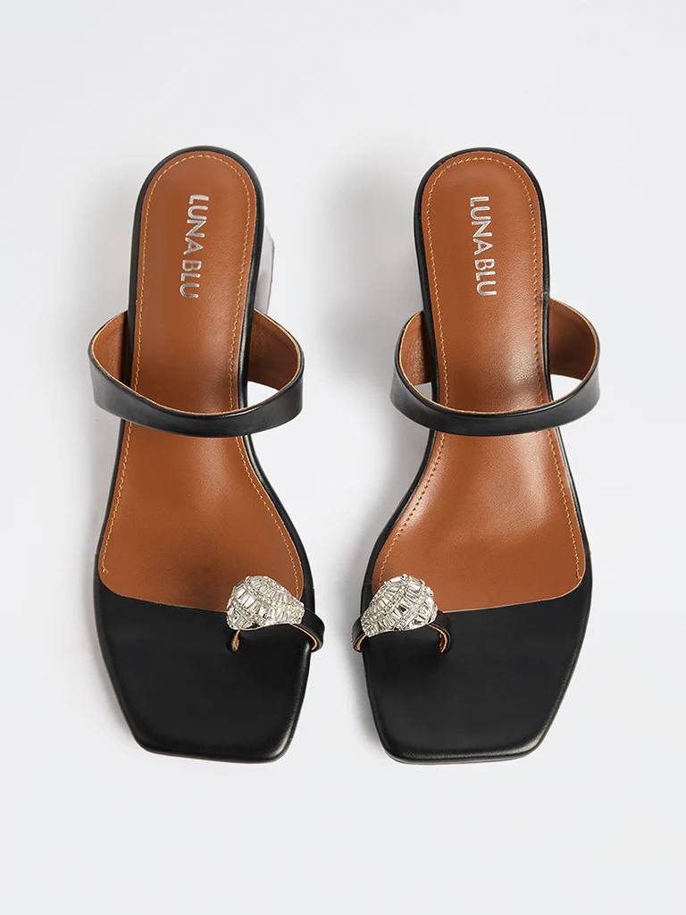 LUNA BLU Black Embellished Toe-Ring Heel Sandals - Image 3