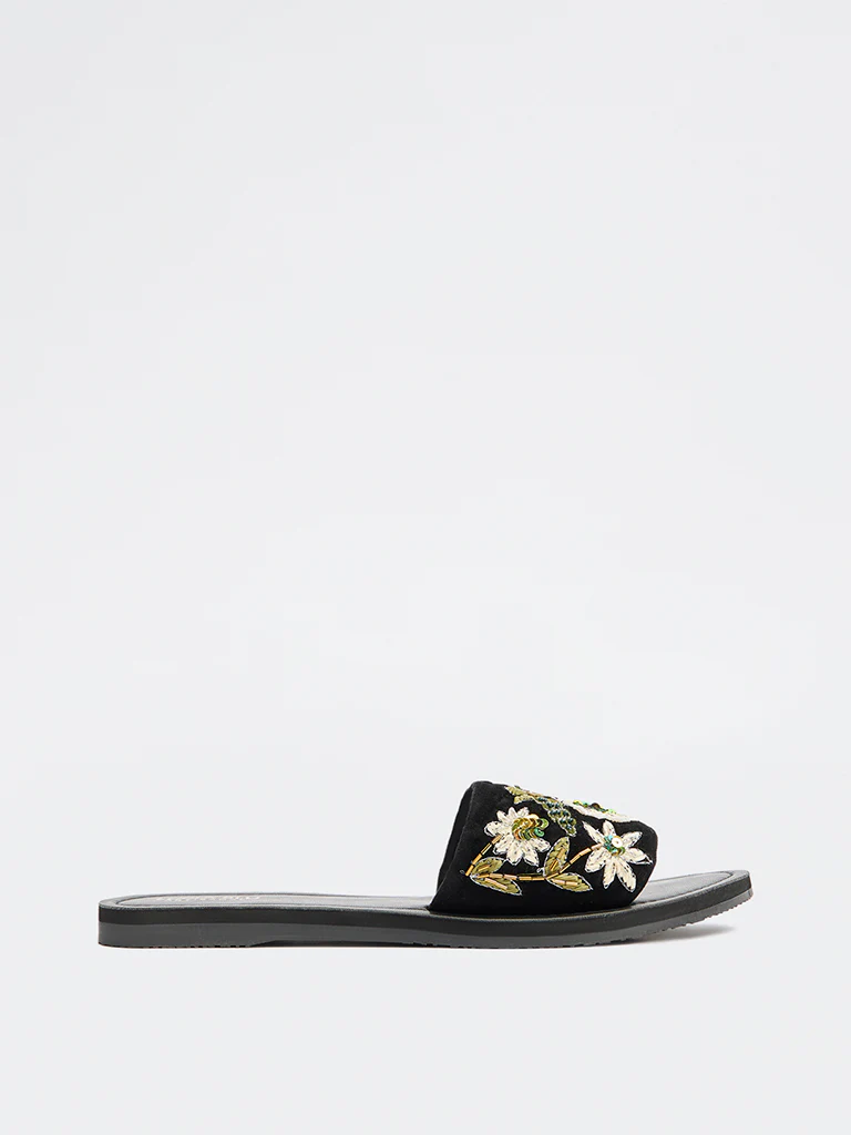 LUNA BLU Black Floral Embellished Slides