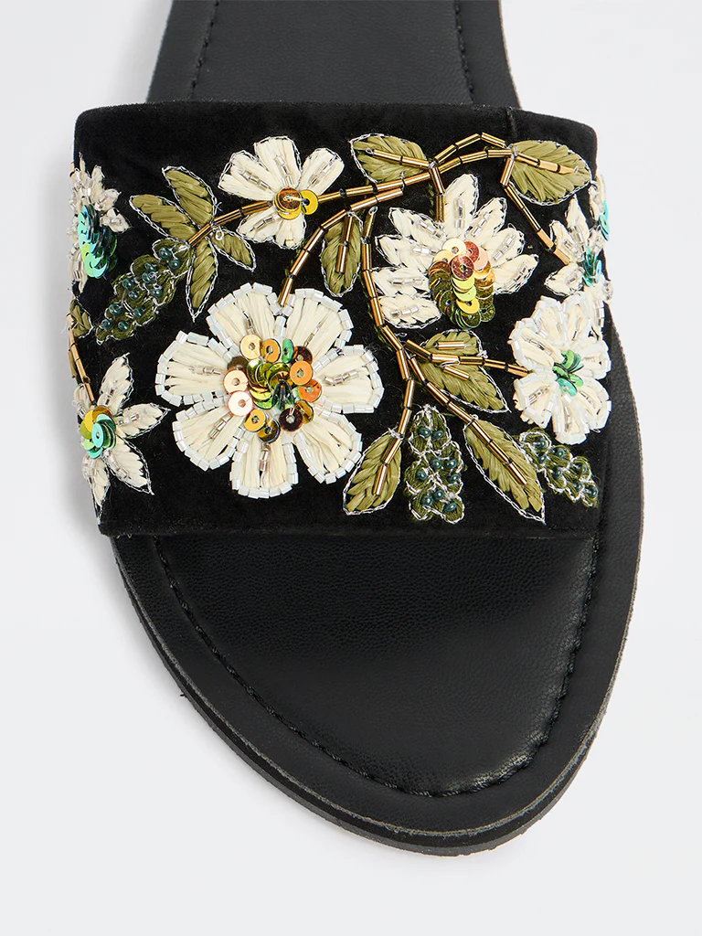 LUNA BLU Black Floral Embellished Slides - Image 3