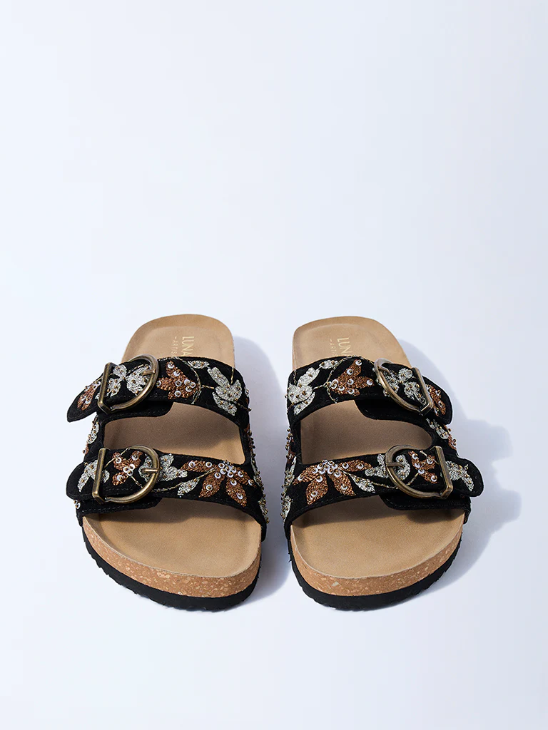 LUNA BLU Black Floral Embroidered Sandals - Image 3