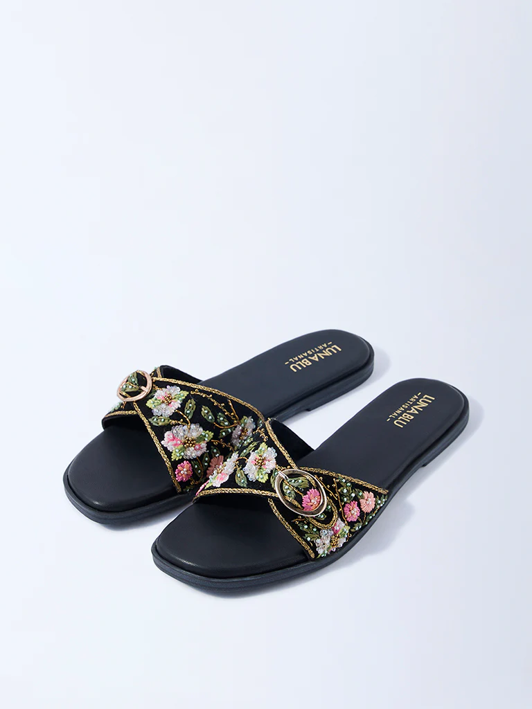 LUNA BLU Black Floral Embroidered Slides - Image 2