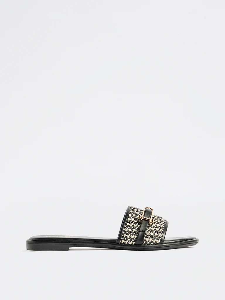 LUNA BLU Black Raffia Textured Slides - Image 2