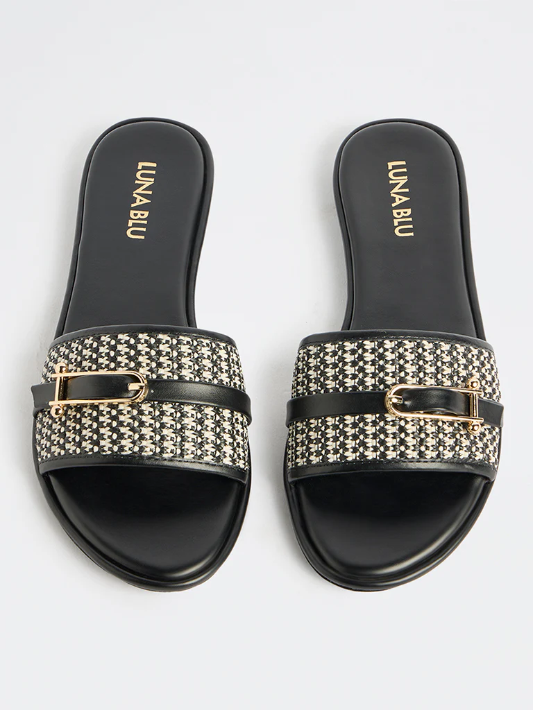LUNA BLU Black Raffia Textured Slides - Image 3