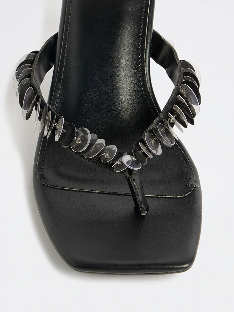 LUNA BLU Black Sequin-Detailed Thong-Strap Heel Sandals - Image 3