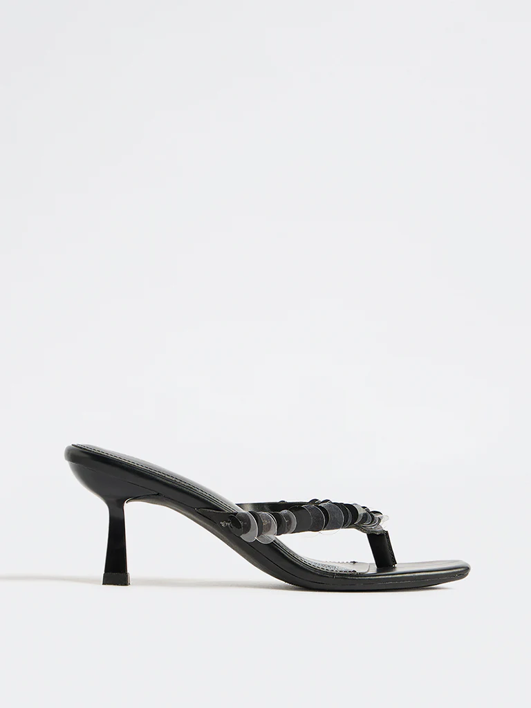 LUNA BLU Black Sequin-Detailed Thong-Strap Heel Sandals - Image 4