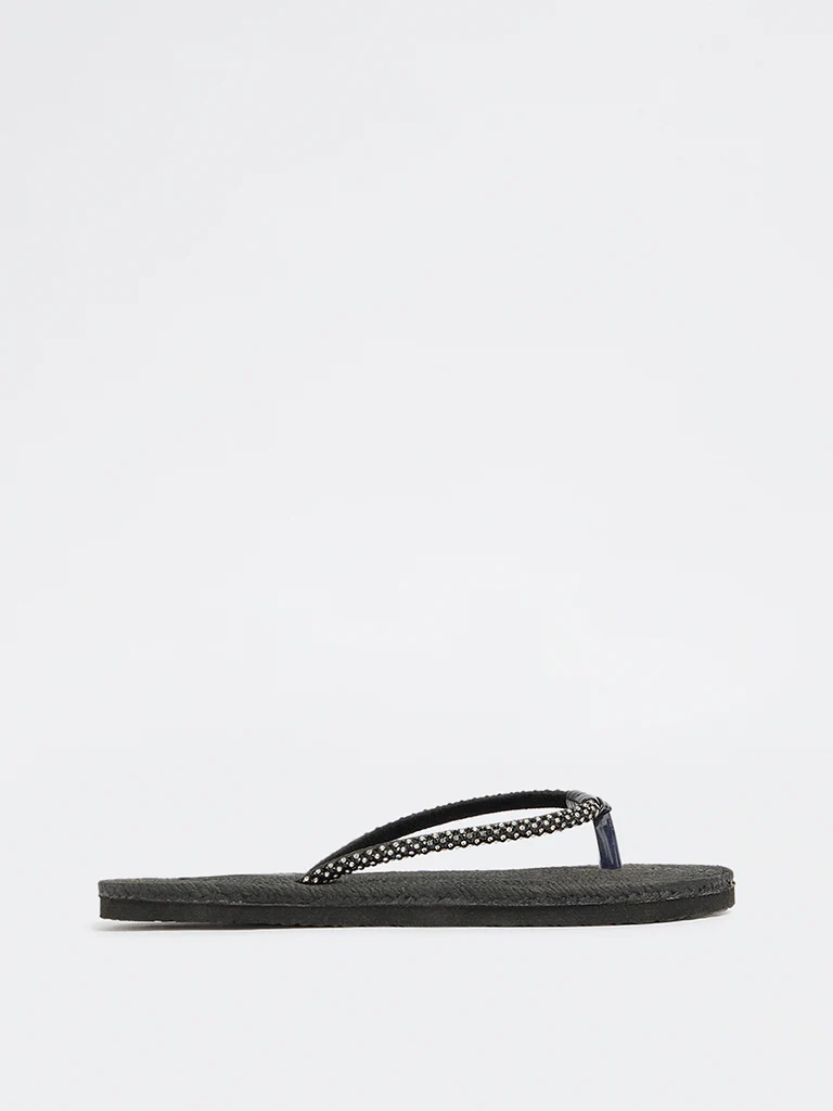 LUNA BLU Black Textured Embellished Slides - Image 3