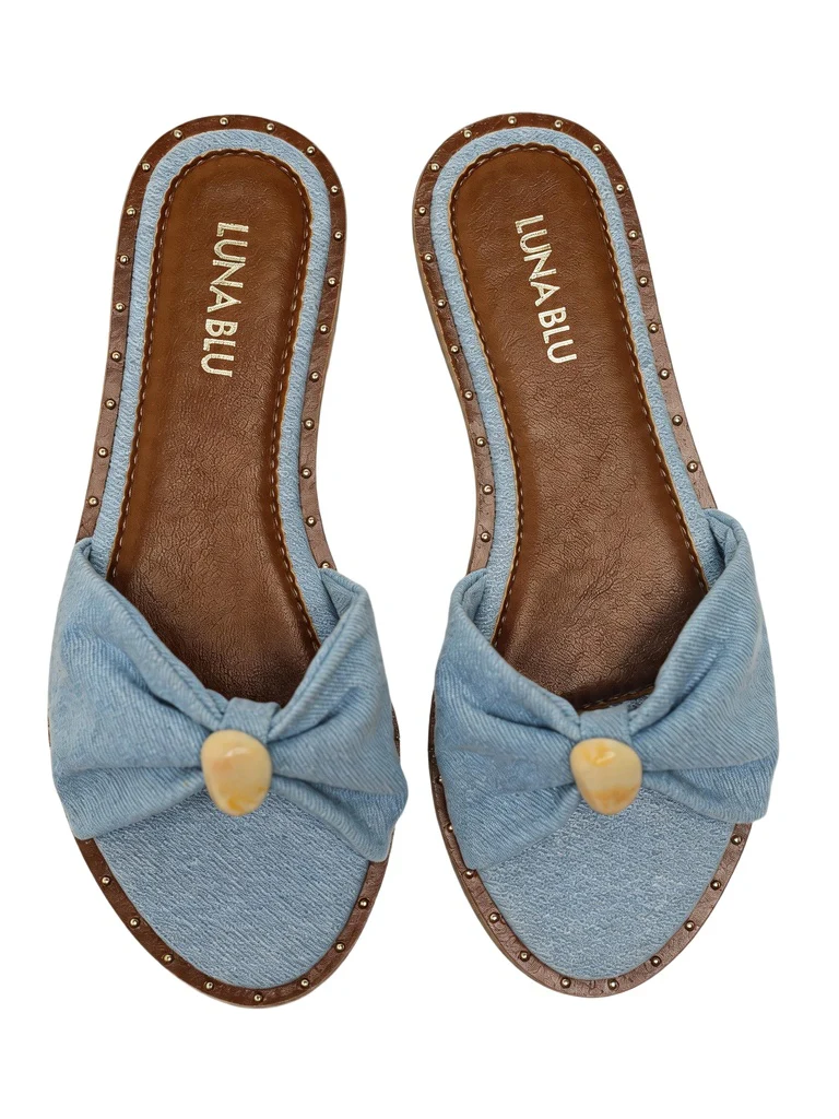 LUNA BLU Blue Denim Bow Detailed Flat Sandals