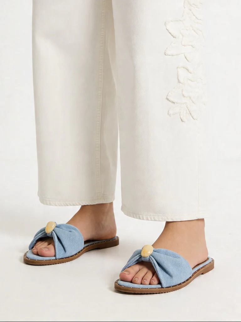 LUNA BLU Blue Denim Bow Detailed Flat Sandals - Image 2