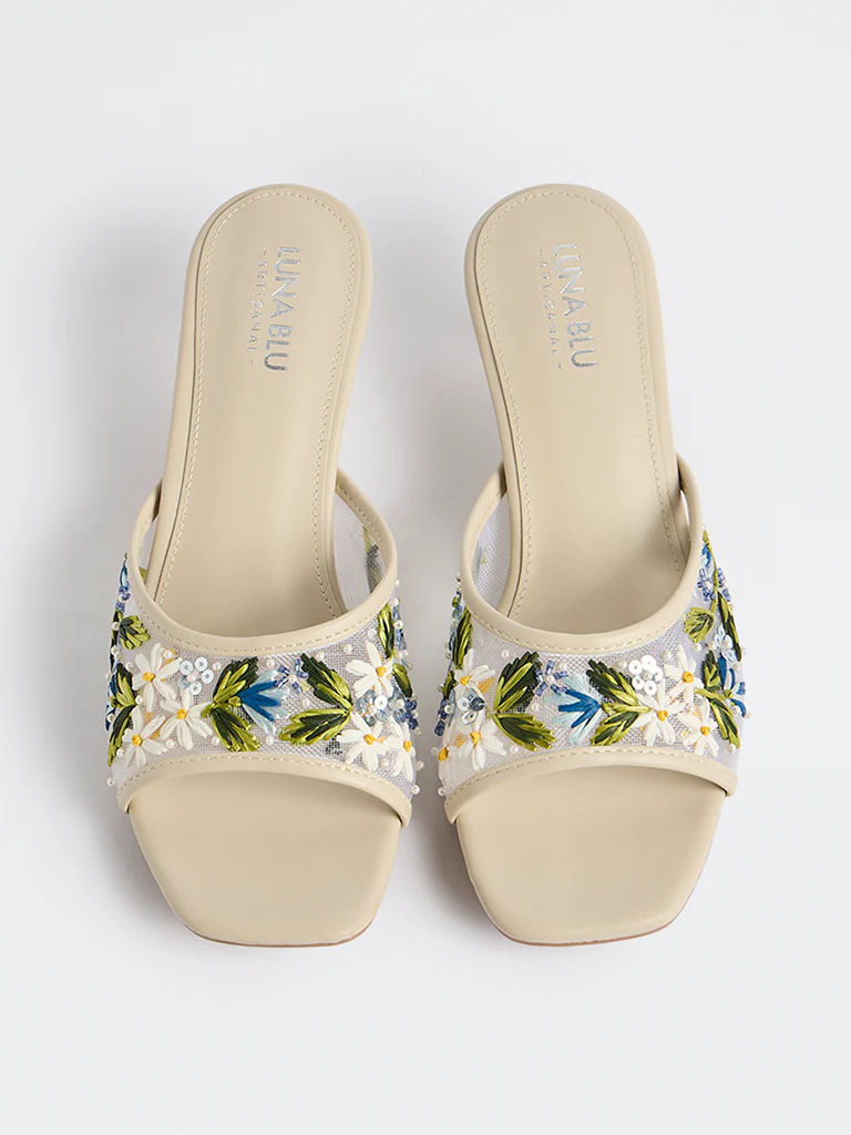 LUNA BLU Blue Embroidered Kitten Heel Sandals - Image 3