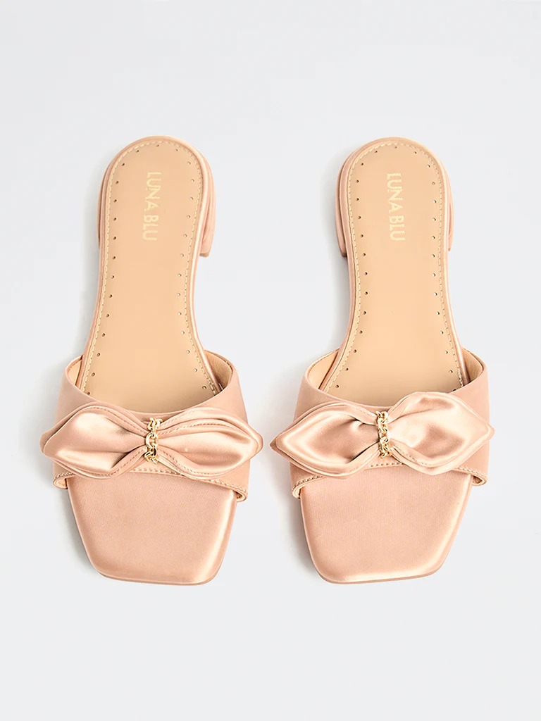 LUNA BLU Blush Pink Bow-Detailed Slides - Image 3