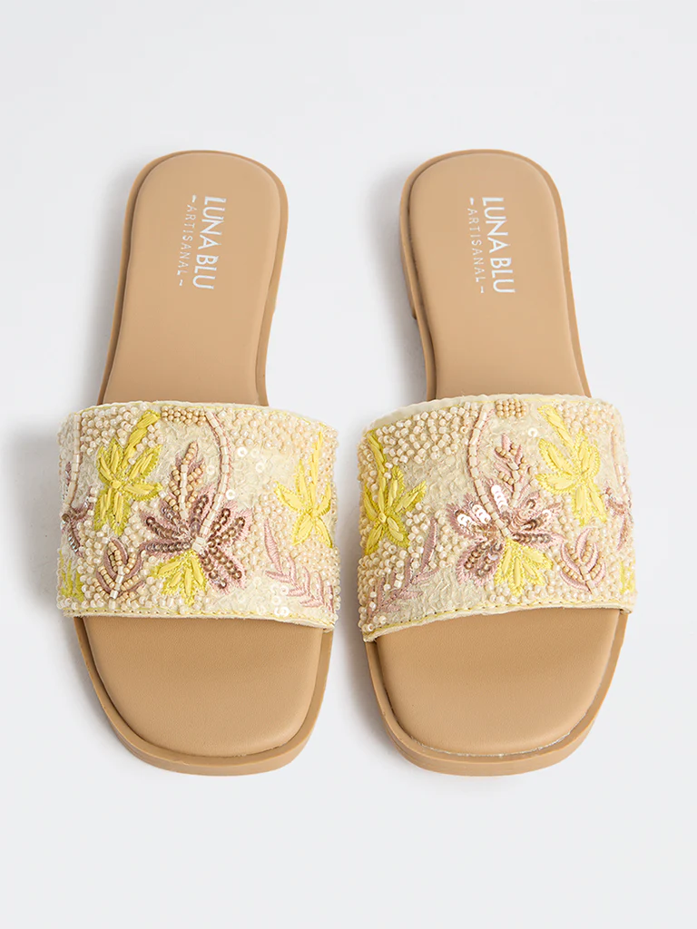 LUNA BLU Blush Pink Floral Embellished Slides - Image 2