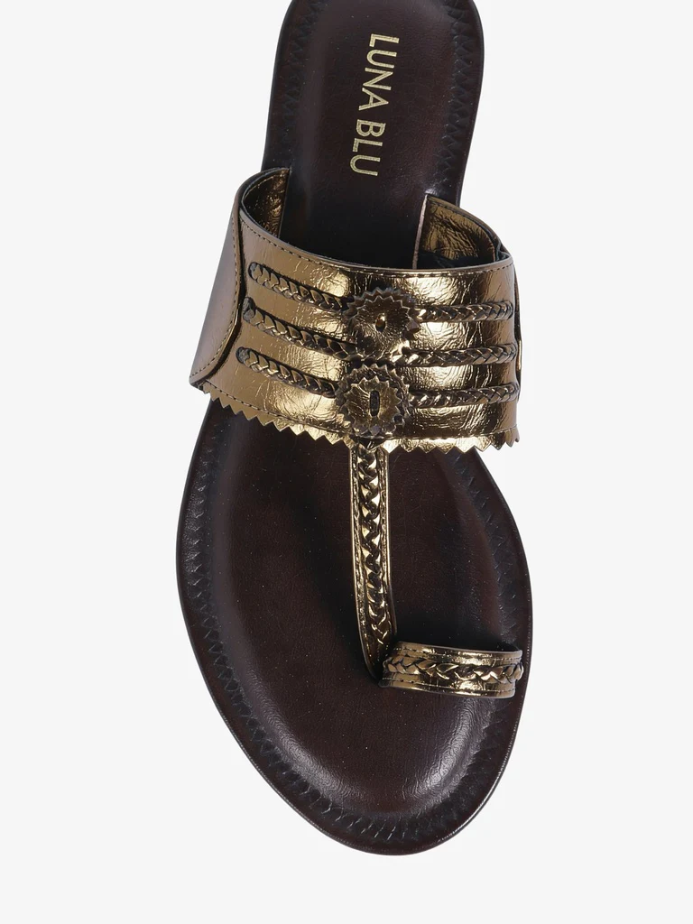 LUNA BLU Bronze Braided Strap Kolhapuri Sandals - Image 2