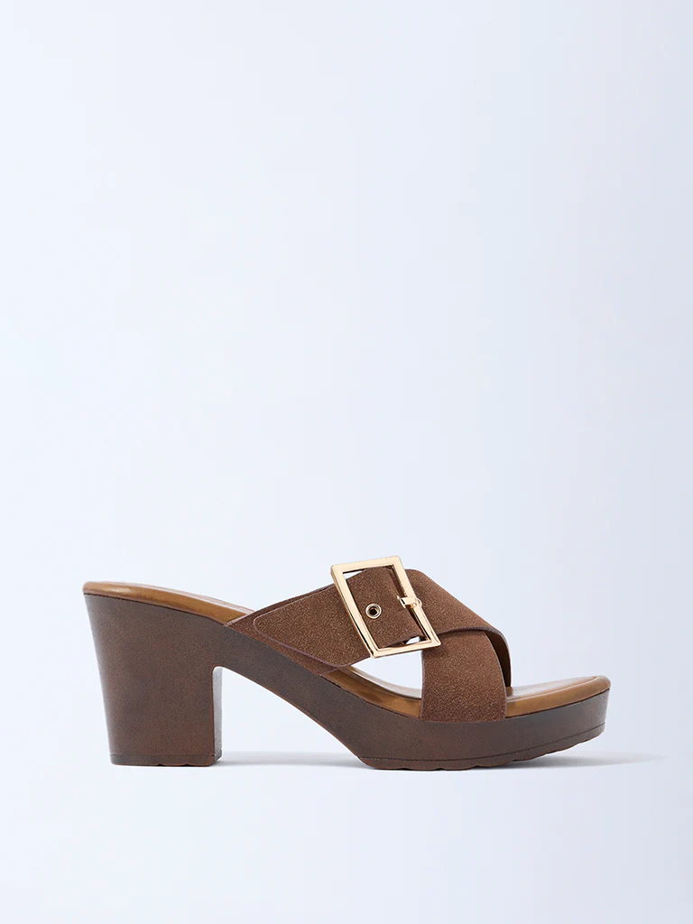 LUNA BLU Brown Criss-Cross Block Heel Sandals