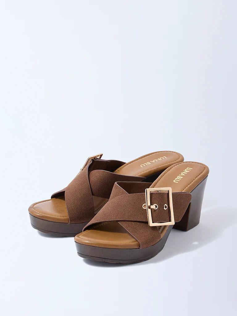LUNA BLU Brown Criss-Cross Block Heel Sandals - Image 2
