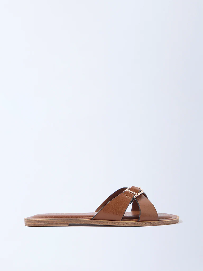 LUNA BLU Brown Criss-Cross Detailed Slides- Exclusive - Image 2
