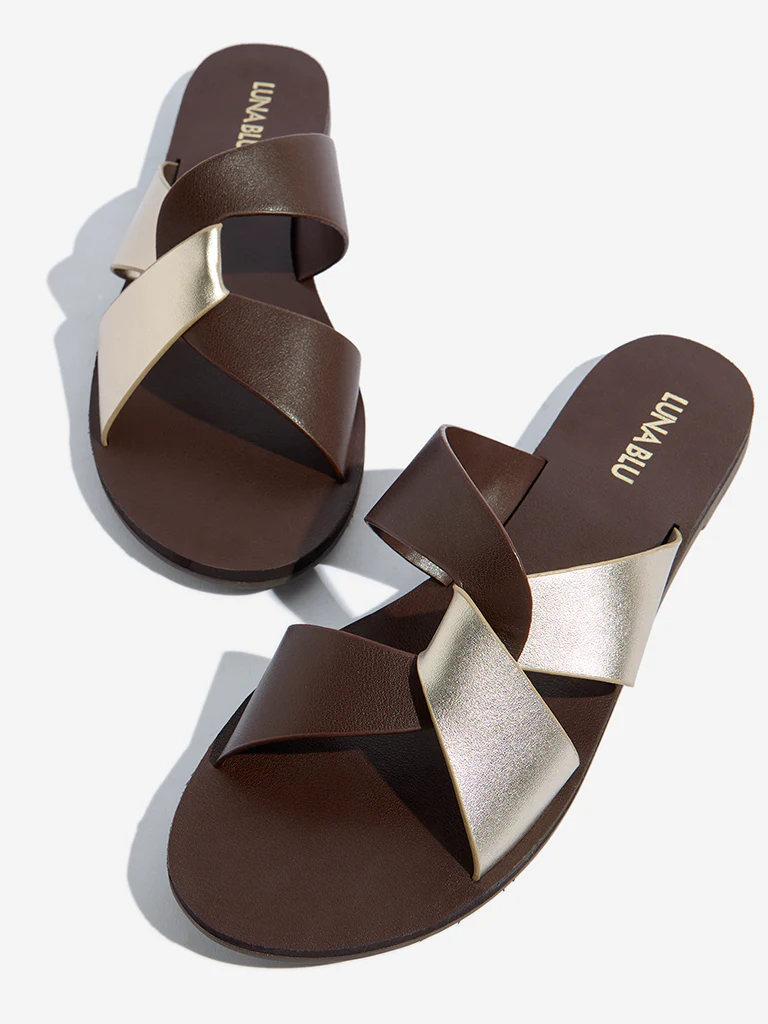 LUNA BLU Brown Criss-Cross Strap Slides - Image 3
