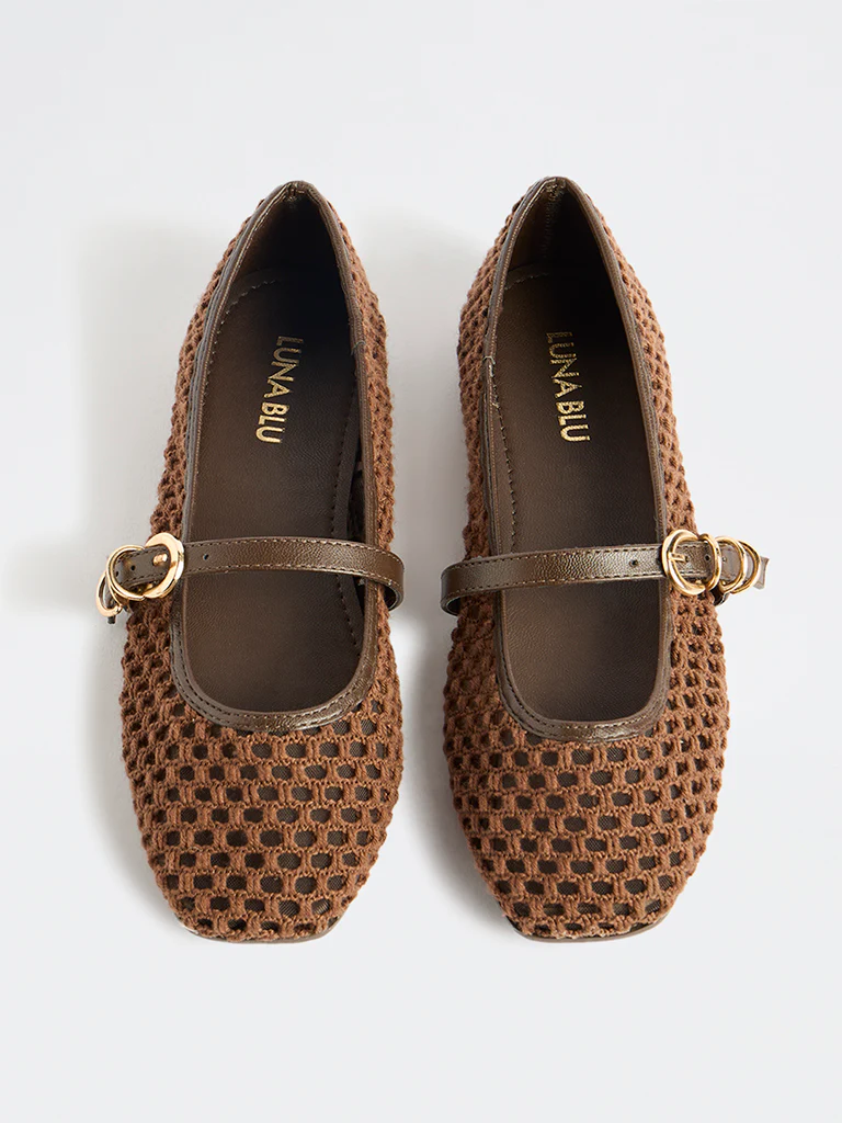 LUNA BLU Brown Crochet-Textured Mary Jane Shoes