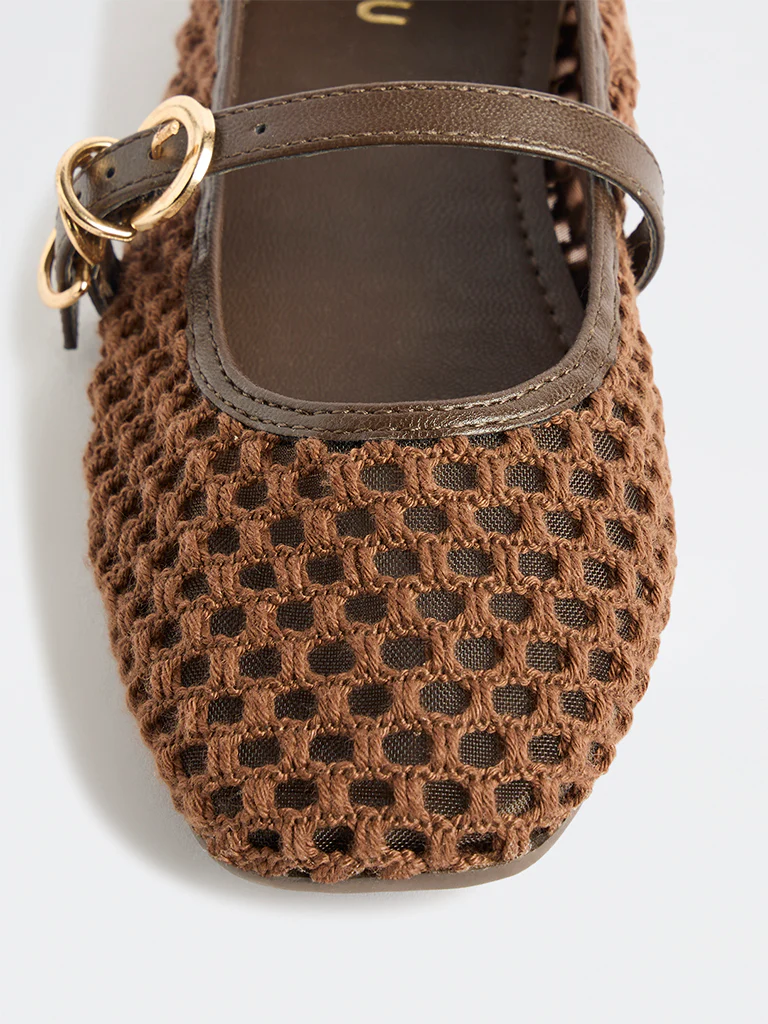 LUNA BLU Brown Crochet-Textured Mary Jane Shoes - Image 3