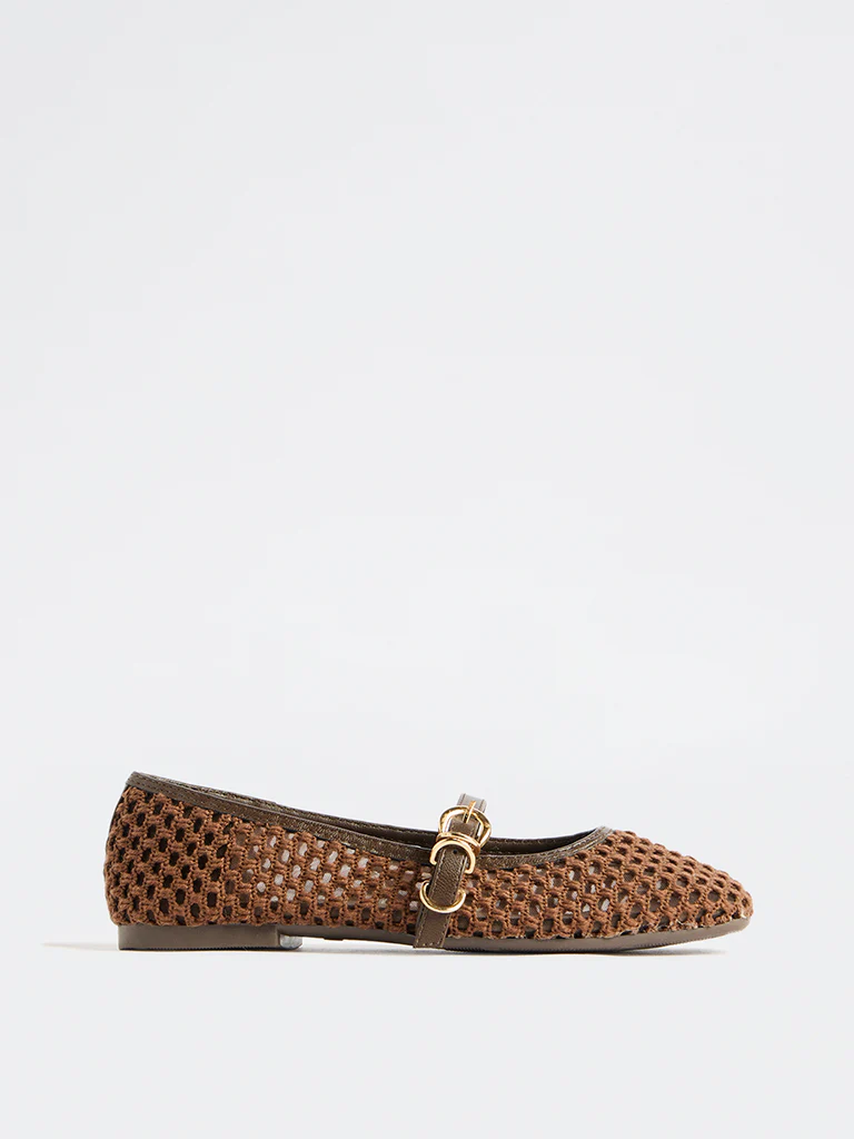 LUNA BLU Brown Crochet-Textured Mary Jane Shoes - Image 4