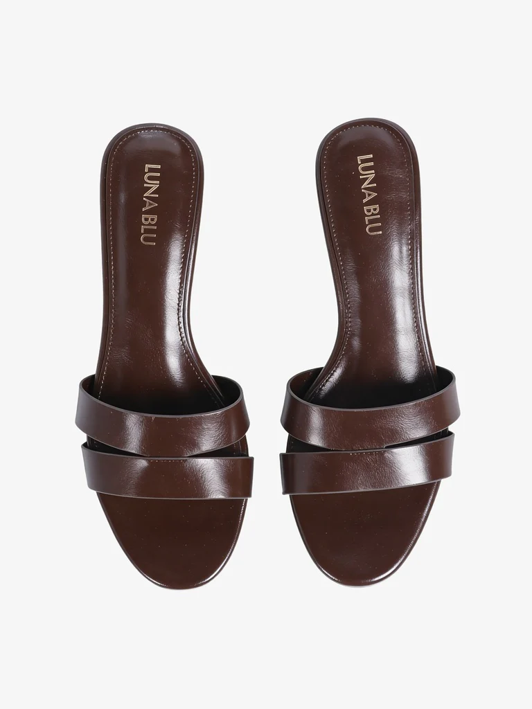 LUNA BLU Brown Double Strap Block Heel Mules