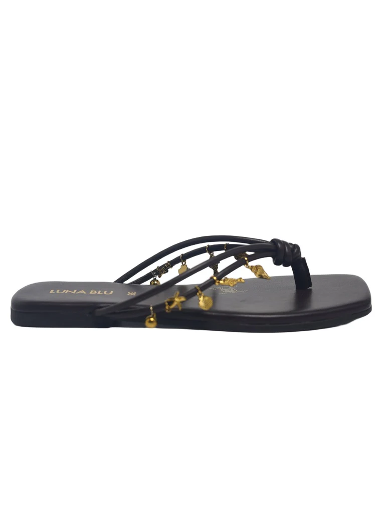 LUNA BLU Brown Gold Charm Embellished Flat Sandals - Image 2
