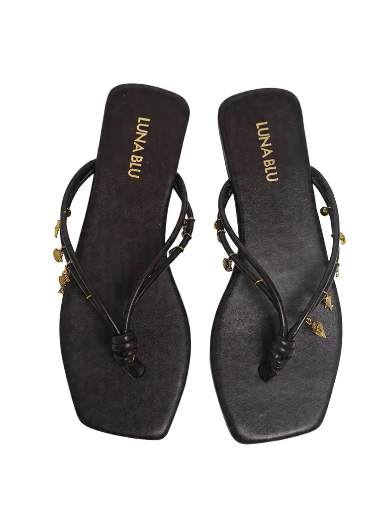 LUNA BLU Brown Gold Charm Embellished Flat Sandals - Image 3