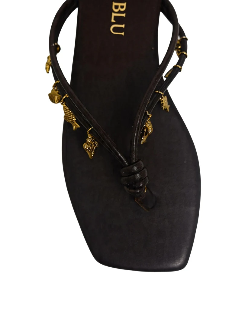 LUNA BLU Brown Gold Charm Embellished Flat Sandals - Image 4