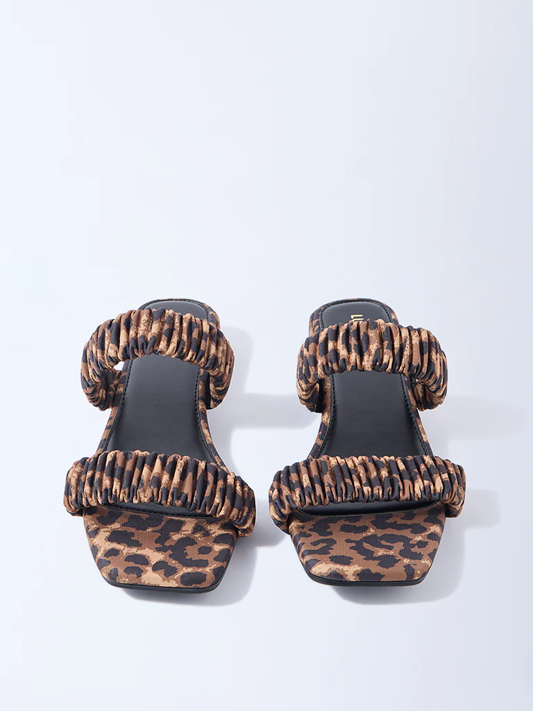 LUNA BLU Brown Leopard Ruched Dual-Strap Sandals - Image 2