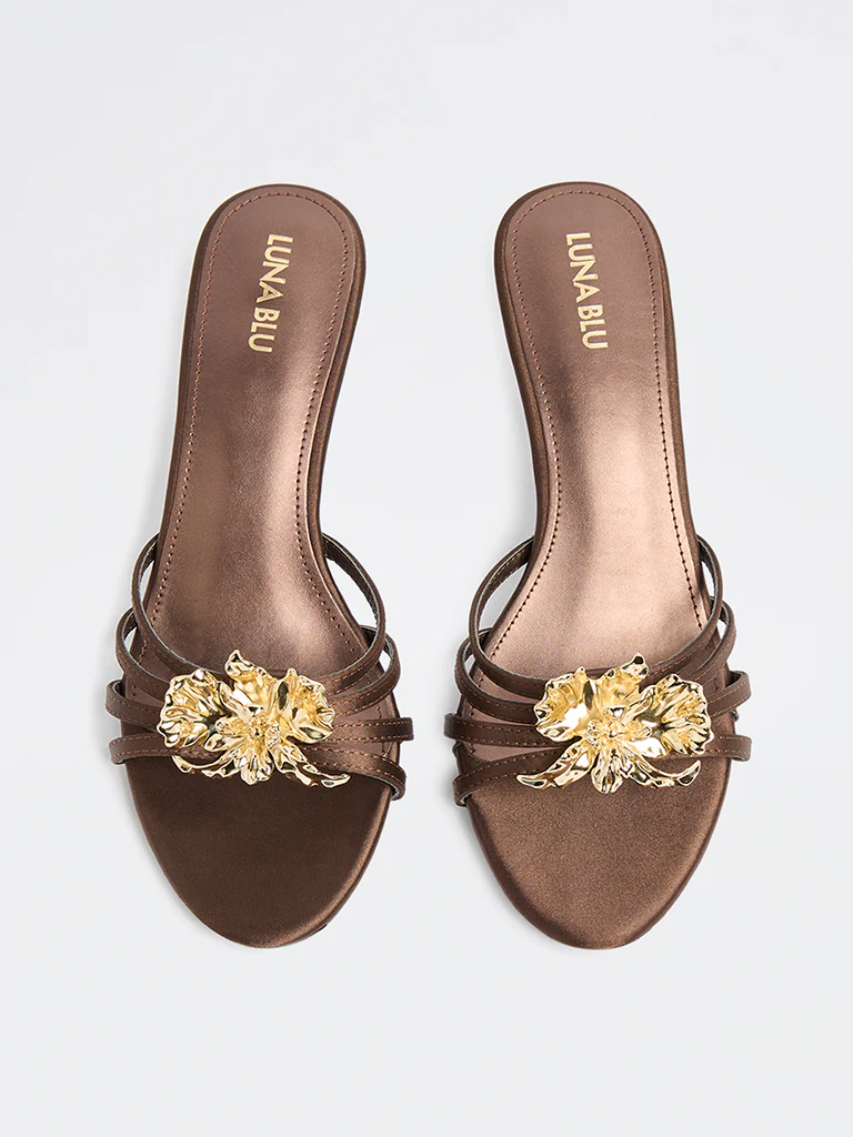 LUNA BLU Brown Multi-Strap Floral Heel Sandals - Image 3
