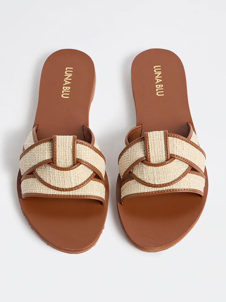 LUNA BLU Brown Raffia-Textured Slides - Image 3