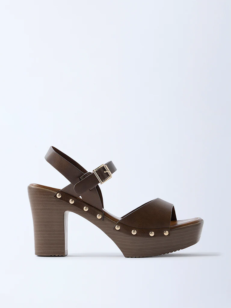 LUNA BLU Brown Stud-Detailed Block-Heel Sandals