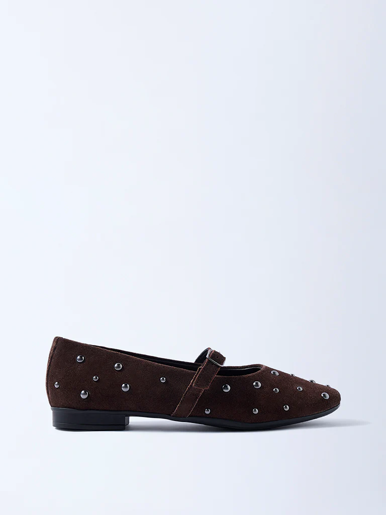 LUNA BLU Brown Stud-Detailed Leather Mary Jane Shoes - Image 2