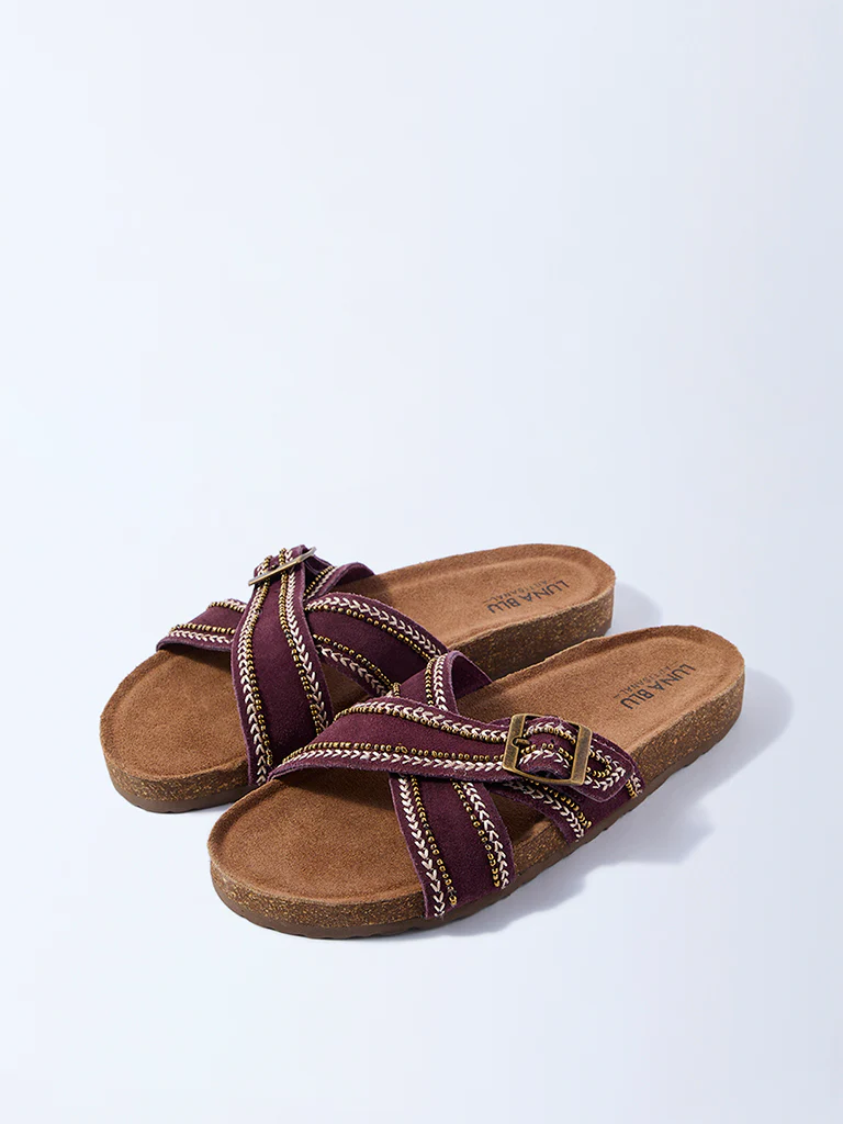 LUNA BLU Burgundy Buckle-Detailed Slip-On Suede Leather Sandals - Image 2