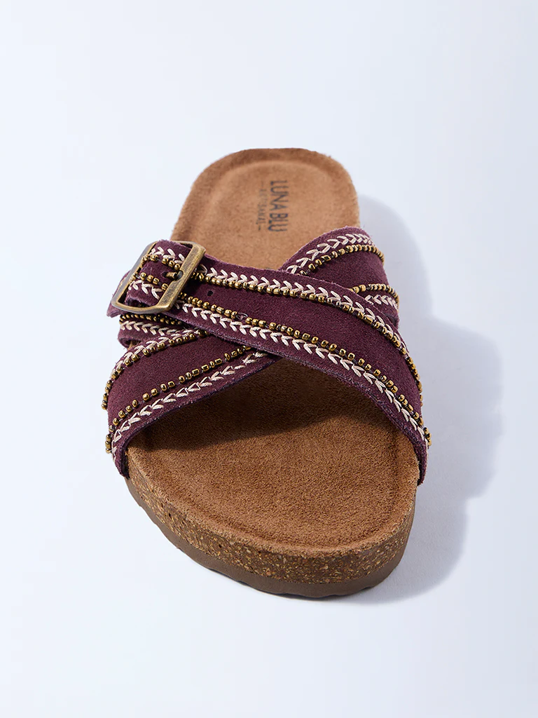 LUNA BLU Burgundy Buckle-Detailed Slip-On Suede Leather Sandals - Image 3