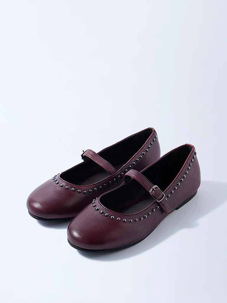 LUNA BLU Burgundy Stud-Detailed Leather Mary Jane Shoes - Image 3