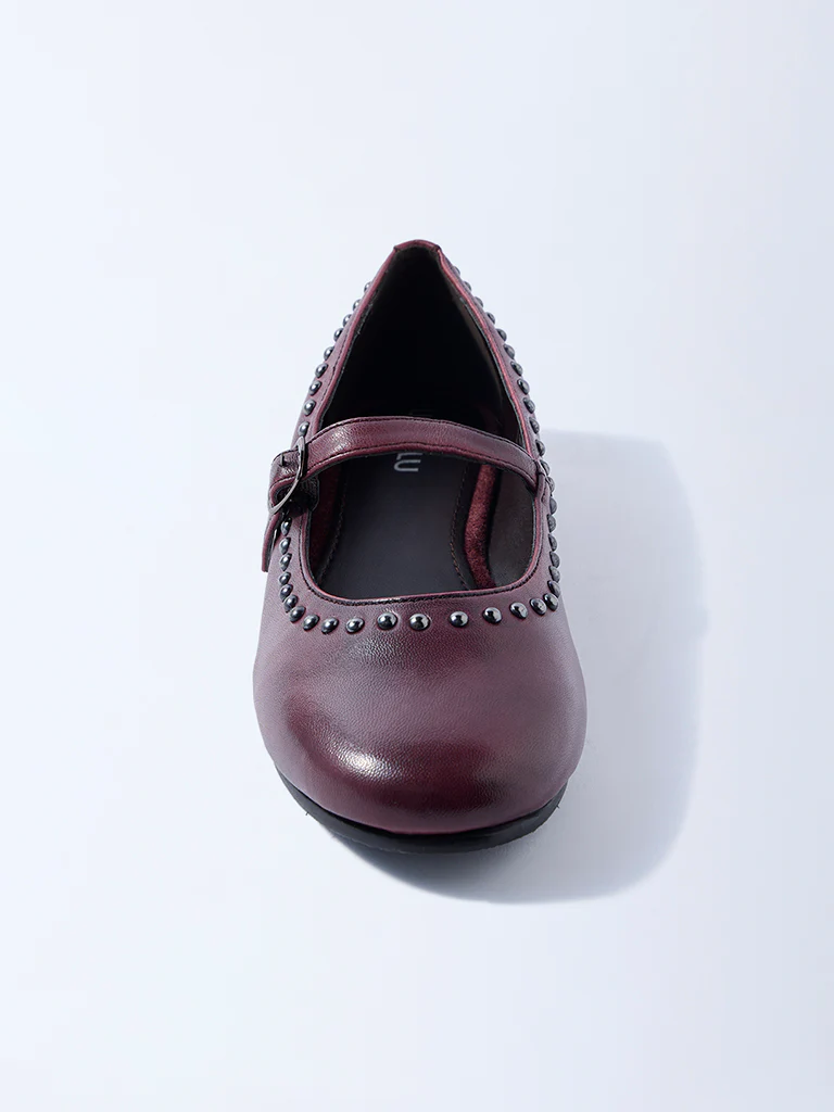 LUNA BLU Burgundy Stud-Detailed Leather Mary Jane Shoes - Image 4