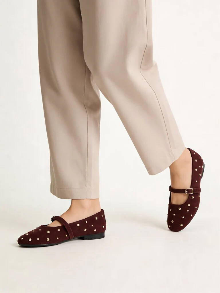 LUNA BLU Burgundy Stud-Detailed Leather Mary Jane Shoes