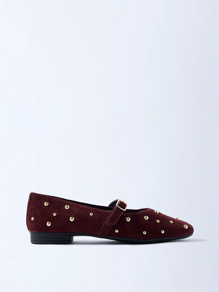 LUNA BLU Burgundy Stud-Detailed Leather Mary Jane Shoes - Image 2