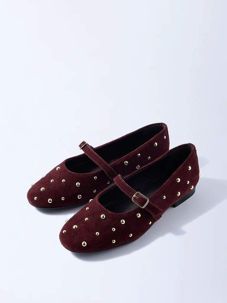 LUNA BLU Burgundy Stud-Detailed Leather Mary Jane Shoes - Image 3