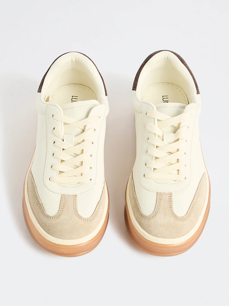 LUNA BLU Cream Colour-Blocked Lace-Up Sneakers - Image 3