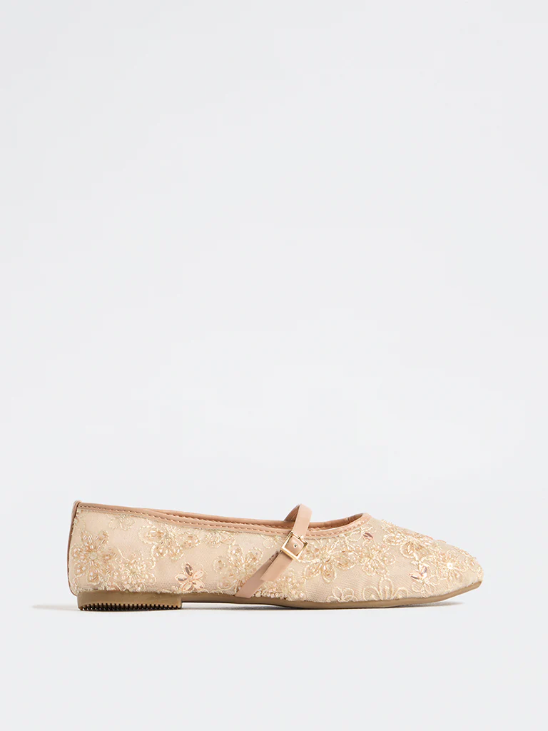 LUNA BLU Cream Embellished Mesh Ballerinas - Image 2