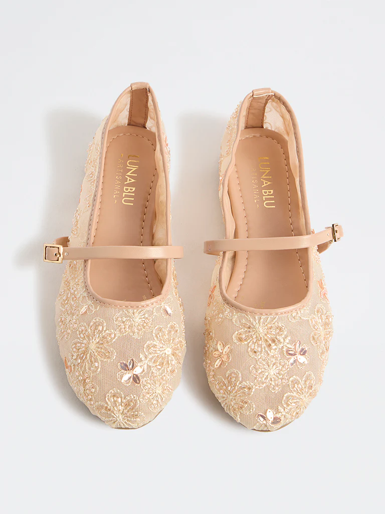LUNA BLU Cream Embellished Mesh Ballerinas - Image 3