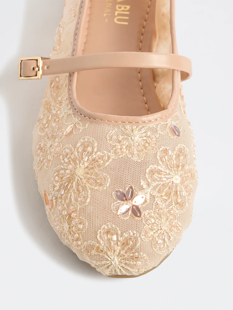 LUNA BLU Cream Embellished Mesh Ballerinas - Image 4