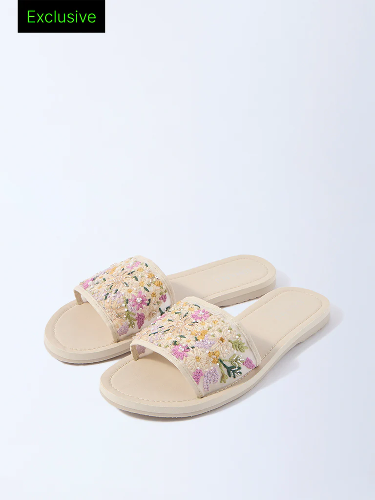 LUNA BLU Cream Floral Embroidered Slides - Exclusive