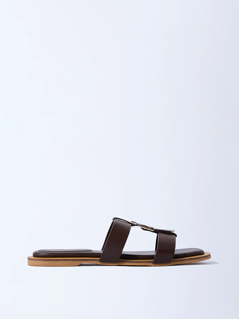 LUNA BLU Dark Brown Buckle-Detailed Slides